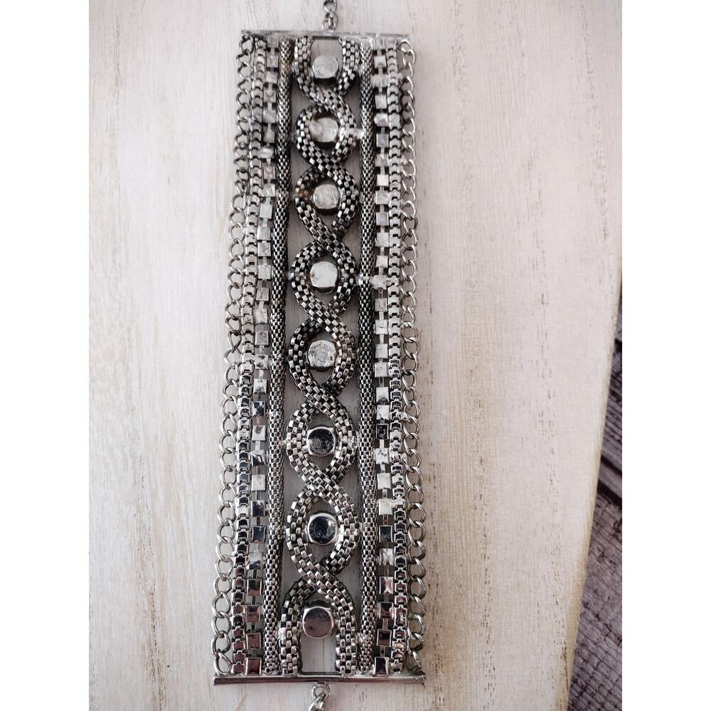 Vintage-Style Wide Silver/Pewter-Tone Cuff Bracelet with Rhinestones Accents - Picture 8 of 11